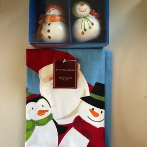 St. Nicholas Square Christmas kitchen towel and salt & pepper shaker set